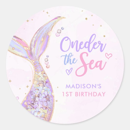 Zeemeermin Meisje 1e Verjaardagsfeest Ronde Sticker (Voorkant)
