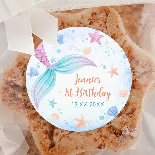 Zeemeermin Meisje 1e Verjaardagsfeest Ronde Sticker
