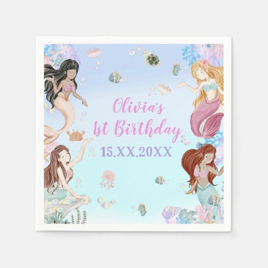 Zeemeermin Meisje 1e Verjaardagsfeest Servet (Voorkant)