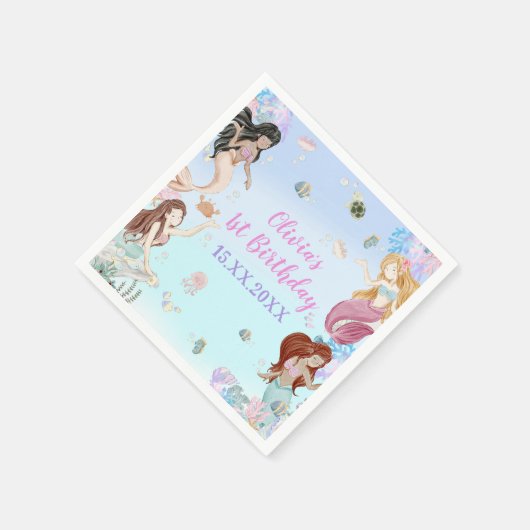 Zeemeermin Meisje 1e Verjaardagsfeest Servet (Hoek)
