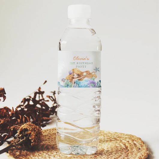 Zeemeermin Meisje 1e Verjaardagsfeest Waterfles Etiket
