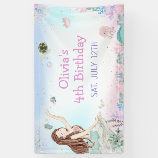 Zeemeermin Meisje 4e Verjaardagsfeestje Spandoek (Verticaal)