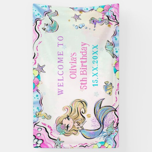 Zeemeermin Meisje 5e Verjaardagsfeestje Spandoek (Verticaal)
