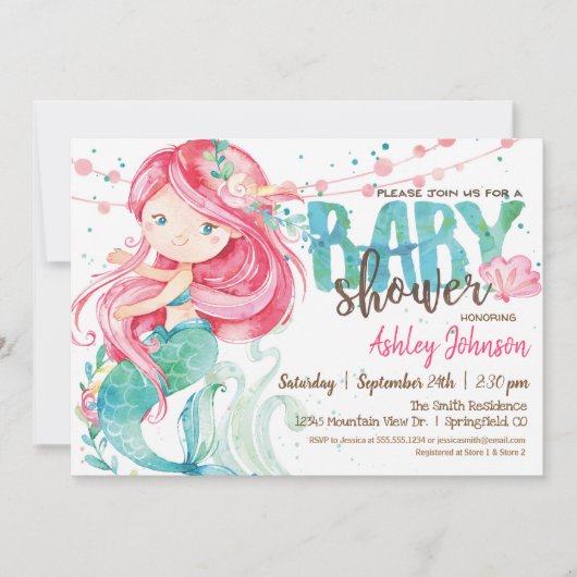 Zeemeermin, Meisje Baby shower uitnodiging (Voorkant)