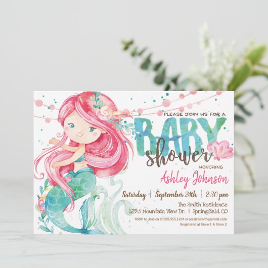 Zeemeermin, Meisje Baby shower uitnodiging (Staand voorkant)