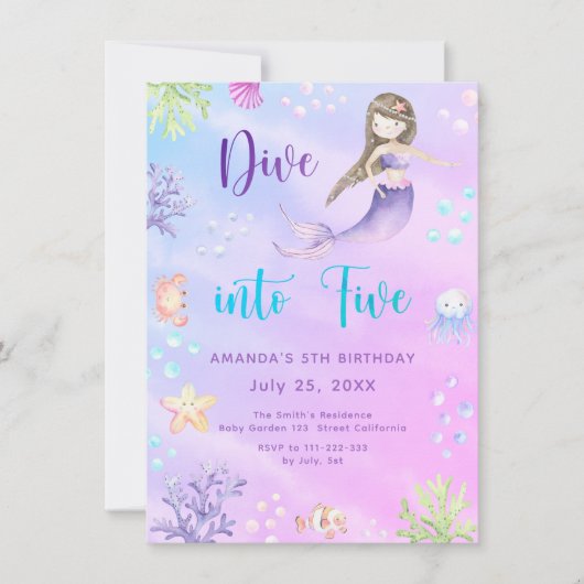 Zeemeermin Meisje Duik in Vijf 5e Verjaardagsfeest Kaart (Voorkant)