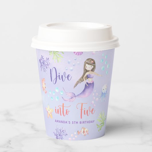 Zeemeermin Meisje Duik in Vijf 5e Verjaardagsfeest Papieren Bekers (Voorkant)