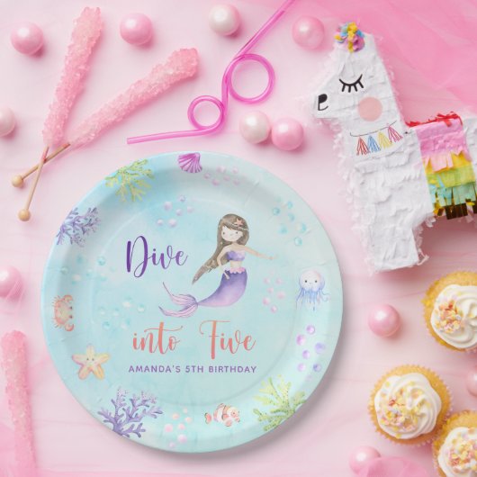 Zeemeermin Meisje Duik in Vijf 5e Verjaardagsfeest Papieren Bordje (Feest)
