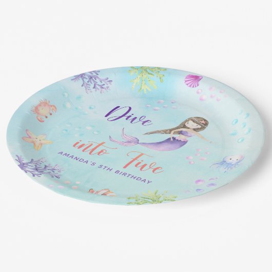 Zeemeermin Meisje Duik in Vijf 5e Verjaardagsfeest Papieren Bordje (Gekanteld)