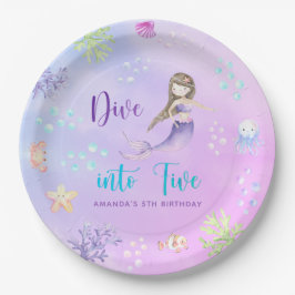 Zeemeermin Meisje Duik in Vijf 5e Verjaardagsfeest Papieren Bordje
