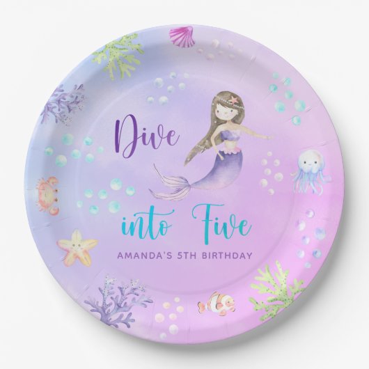 Zeemeermin Meisje Duik in Vijf 5e Verjaardagsfeest Papieren Bordje (Voorkant)