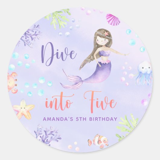 Zeemeermin Meisje Duik in Vijf 5e Verjaardagsfeest Ronde Sticker (Voorkant)