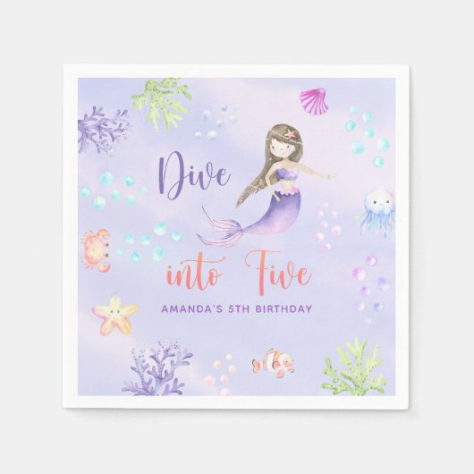 Zeemeermin Meisje Duik in Vijf 5e Verjaardagsfeest Servet (Voorkant)