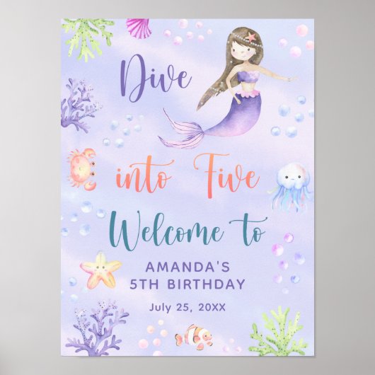 Zeemeermin Meisje Duik In Vijf Verjaardags Feest W Poster (Voorkant)
