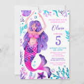 Zeemeermin Meisje Verjaardag Roze en Paarse Feest Kaart (Voorkant)