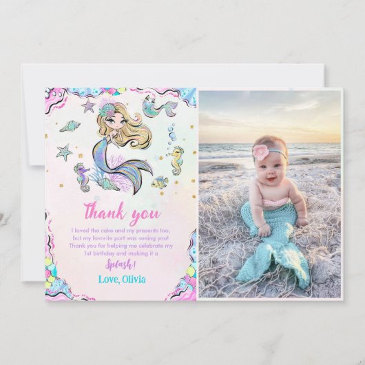Zeemeermin Meisje Verjaardagsfeestfoto Bedankkaart (Voorkant)
