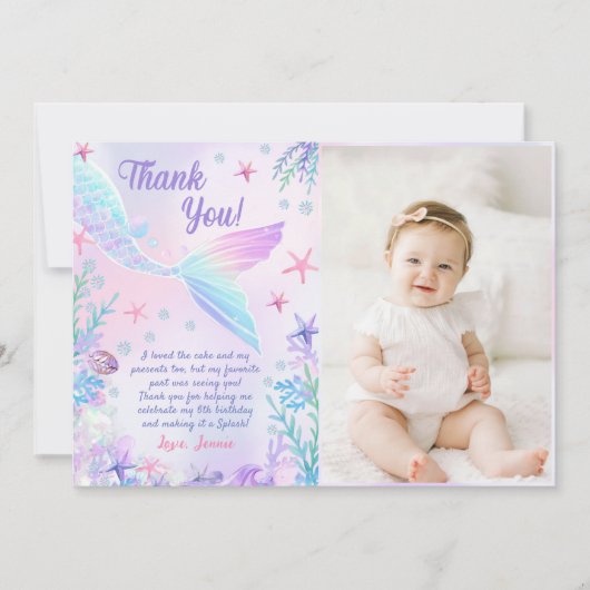 Zeemeermin Meisje Verjaardagsfeestfoto Bedankkaart (Voorkant)