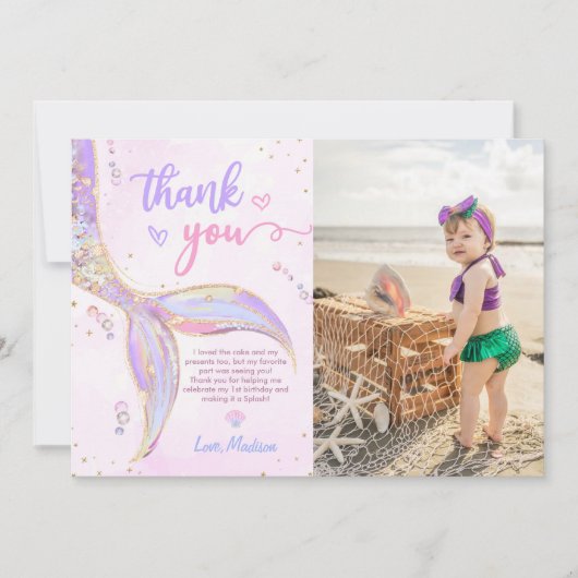 Zeemeermin Meisje Verjaardagsfeestfoto Bedankkaart (Voorkant)