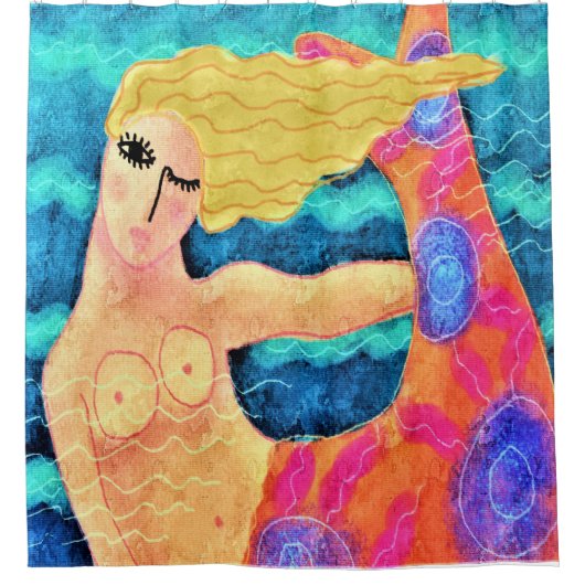 Zeemeermin met Abstracte kunst met rode staart Douchegordijn (Voorkant)