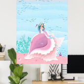 Zeemeermin met afbeelding van kroon op bloemen poster (Thuiskantoor)