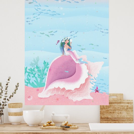 Zeemeermin met afbeelding van kroon op bloemen poster (Keuken)