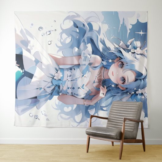 Zeemeermin met blauw haar in een blauwe jurk wandkleed (In Situ (horizontaal))