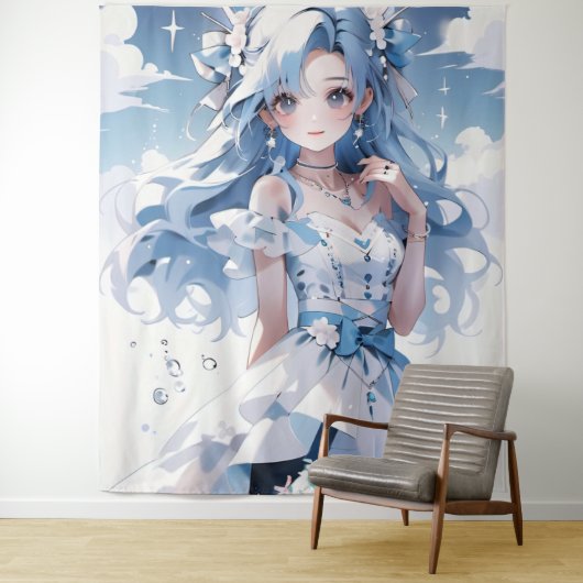 Zeemeermin met blauw haar in een blauwe jurk wandkleed (In situ)