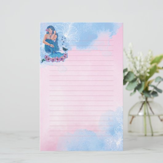 Zeemeermin met bloemen kunst van Renee Lavoie Briefpapier (Staand voorkant)
