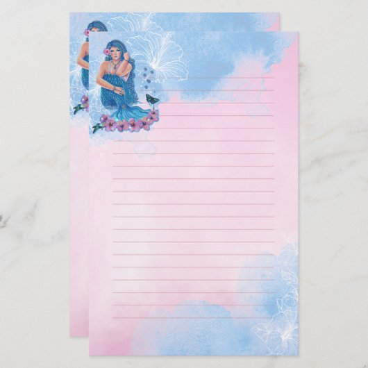 Zeemeermin met bloemen kunst van Renee Lavoie Briefpapier (Voorkant / Achterkant)