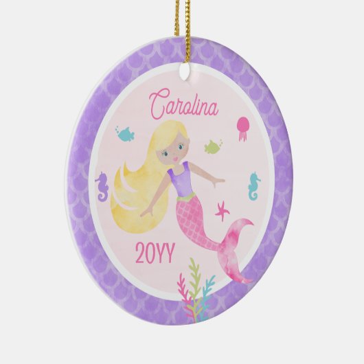 Zeemeermin met Blond Haar Roze & Paarse Keepsake Keramisch Ornament (Rechts)