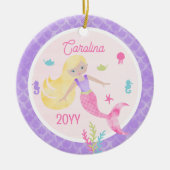 Zeemeermin met Blond Haar Roze & Paarse Keepsake Keramisch Ornament (Voorkant)