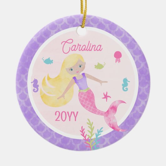 Zeemeermin met Blond Haar Roze & Paarse Keepsake Keramisch Ornament (Voorkant)