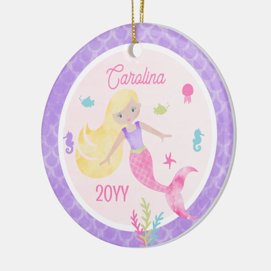 Zeemeermin met Blond Haar Roze & Paarse Keepsake Keramisch Ornament (Links)