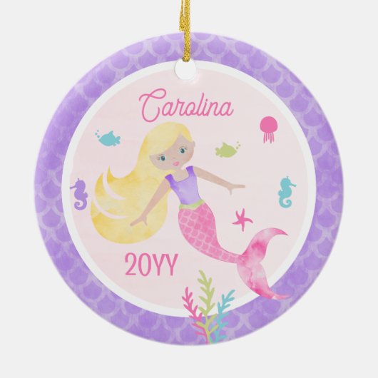 Zeemeermin met Blond Haar Roze & Paarse Keepsake Keramisch Ornament (Achterkant)