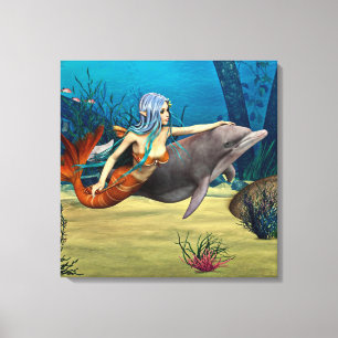 Zeemeermin met Dolfijn Canvas Afdruk