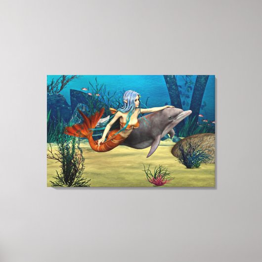 Zeemeermin met Dolfijn Canvas Afdruk (Voorkant)