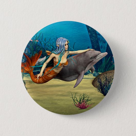 Zeemeermin met Dolfijn Ronde Button 5,7 Cm (Voorkant)