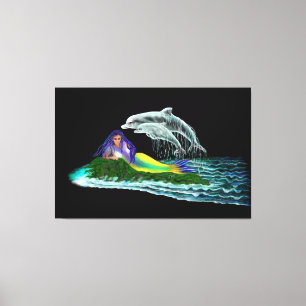 Zeemeermin met dolfijnen canvas afdruk