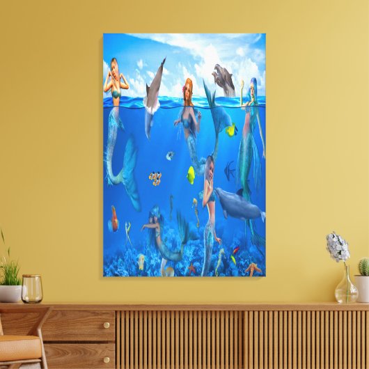 Zeemeermin met dolfijnen canvas afdruk (Insitu (Woonkamer))