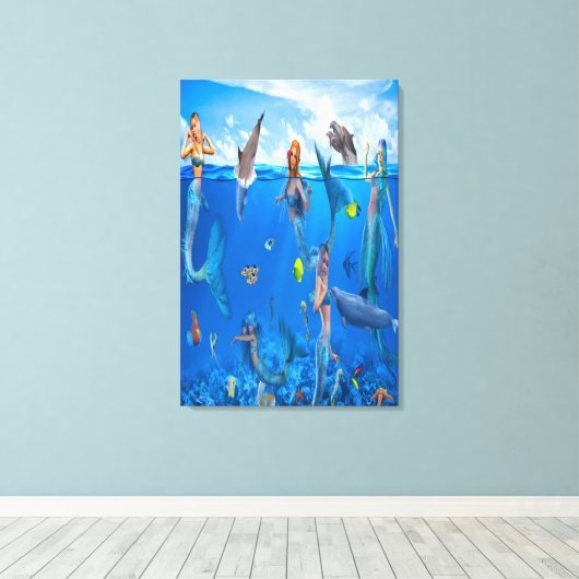 Zeemeermin met dolfijnen canvas afdruk (Insitu (Houten vloer))