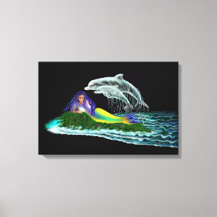 Zeemeermin met dolfijnen canvas afdruk