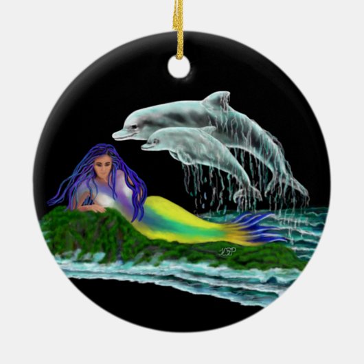 Zeemeermin met dolfijnen keramisch ornament (Achterkant)
