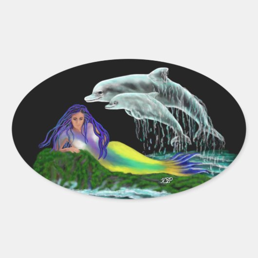 Zeemeermin met dolfijnen ovale sticker (Voorkant)