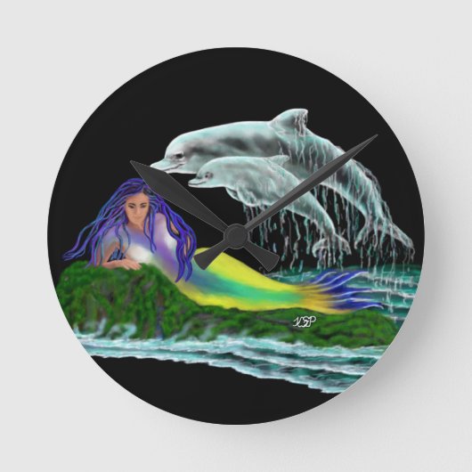 Zeemeermin met dolfijnen ronde klok (Voorkant)