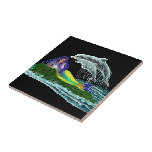 Zeemeermin met dolfijnen tegeltje (Zijkant)