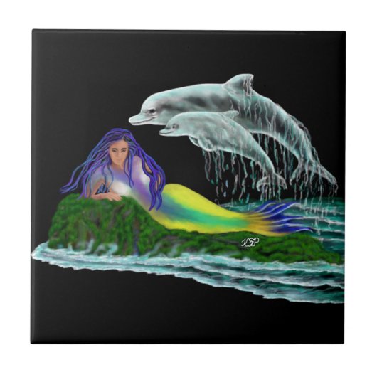 Zeemeermin met dolfijnen tegeltje (Voorkant)