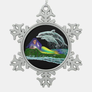 Zeemeermin met dolfijnen tin sneeuwvlok ornament