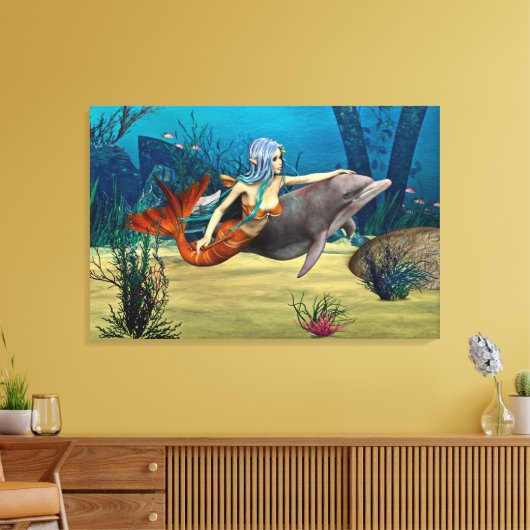 Zeemeermin met Dolphin Canvas Afdruk (Insitu (Woonkamer))