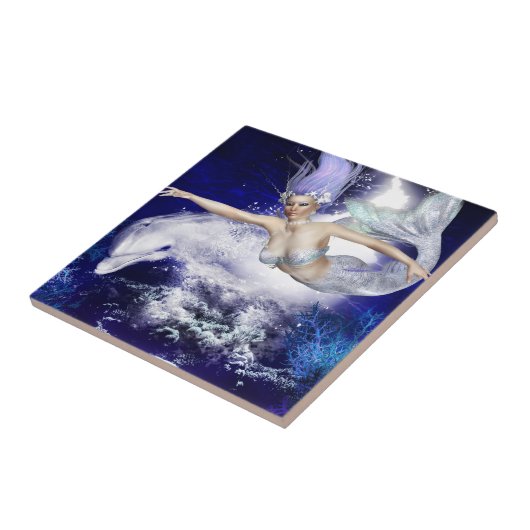 Zeemeermin met Dolphin Tile of Trivet Tegeltje (Zijkant)