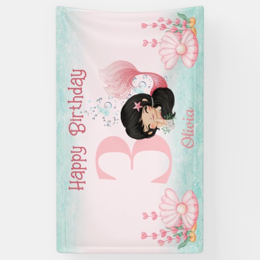 Zeemeermin met Donker Haar Roze Verjaardag Meisje  Spandoek (Verticaal)